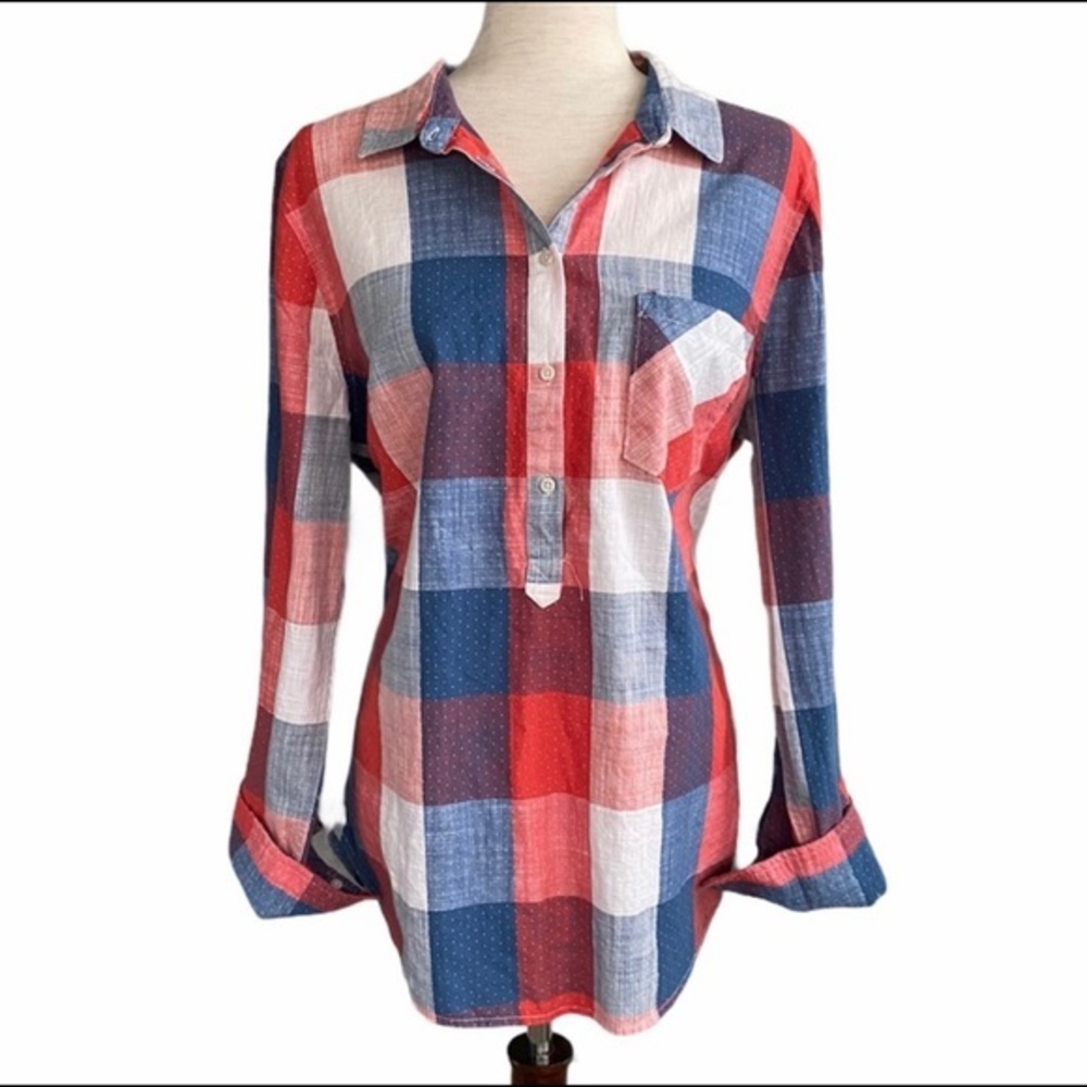 NWT Merona Plaid Red White Blue Button Down Top